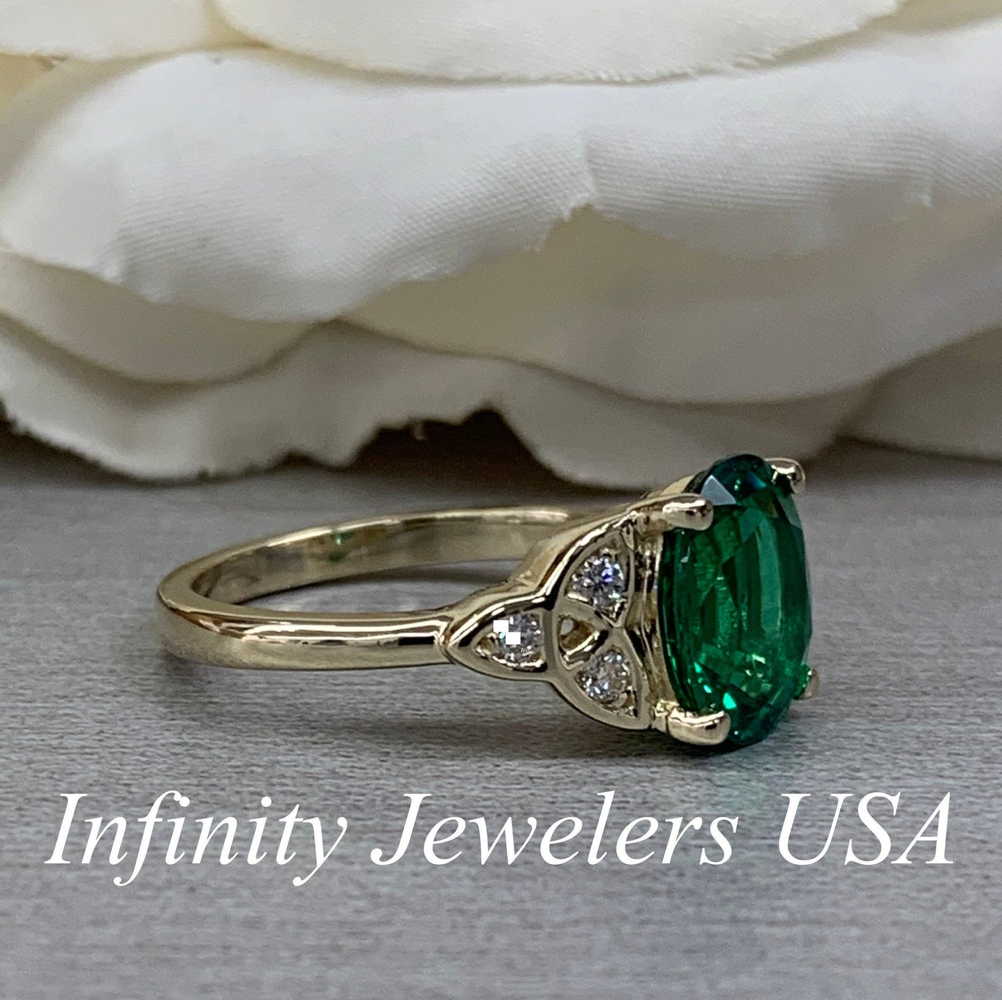 Emerald And Moissanite Ring 14K Yellow Gold, Celtic Wedding Rings, May Birthstone Ring, 14k Emerald Ring, Art Deco Engagement Ring,  #6716