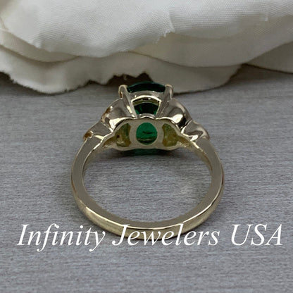 Emerald And Moissanite Ring 14K Yellow Gold, Celtic Wedding Rings, May Birthstone Ring, 14k Emerald Ring, Art Deco Engagement Ring,  #6716
