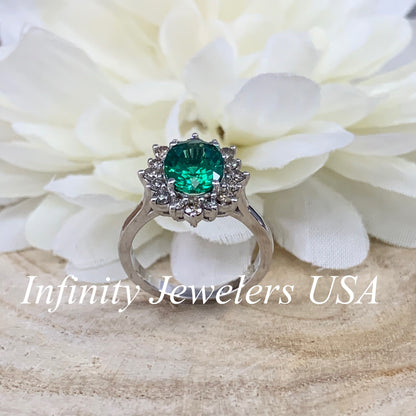 Emerald Halo Ring 14k White Gold, Vintage Emerald Engagement Ring, Oval Halo Ring With Emerald, May Birthstone Ring, Emerald Jewelry  #6719