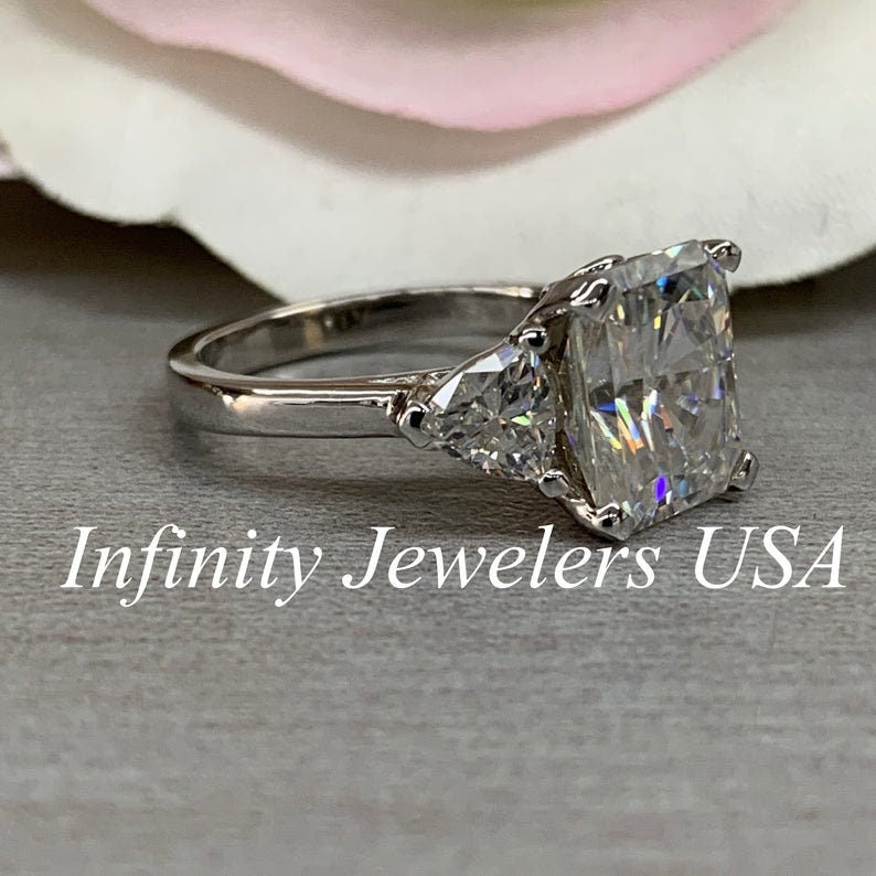 Radiant Cut Moissanite Engagement Ring 14K White or Yellow Gold Three Stone Ring