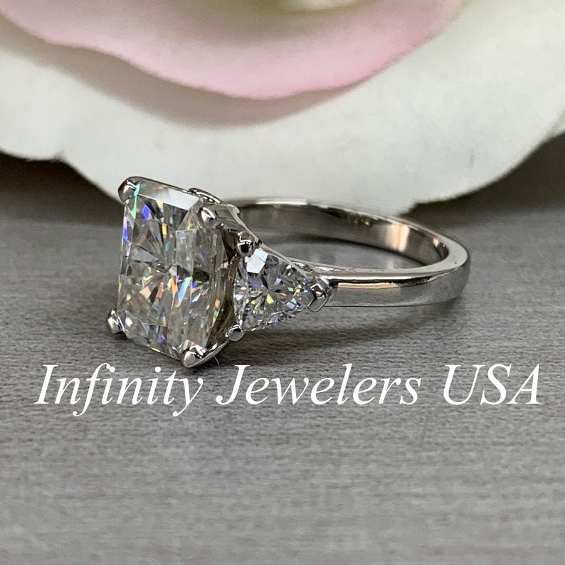 Radiant Cut Moissanite Engagement Ring 14K White or Yellow Gold Three Stone Ring