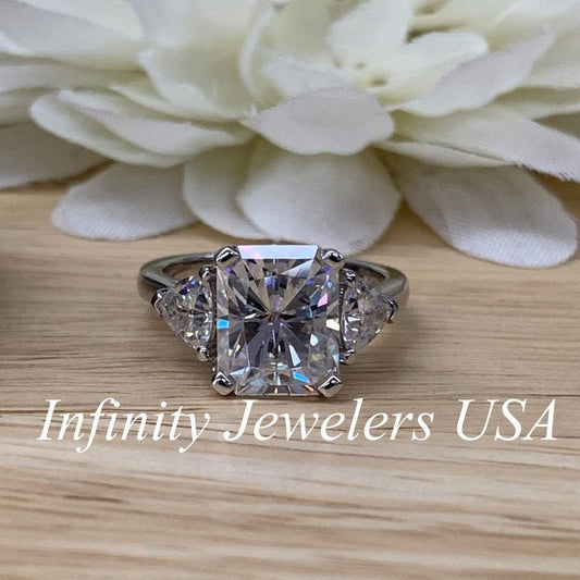Radiant Cut Moissanite Engagement Ring 14K White or Yellow Gold Three Stone Ring