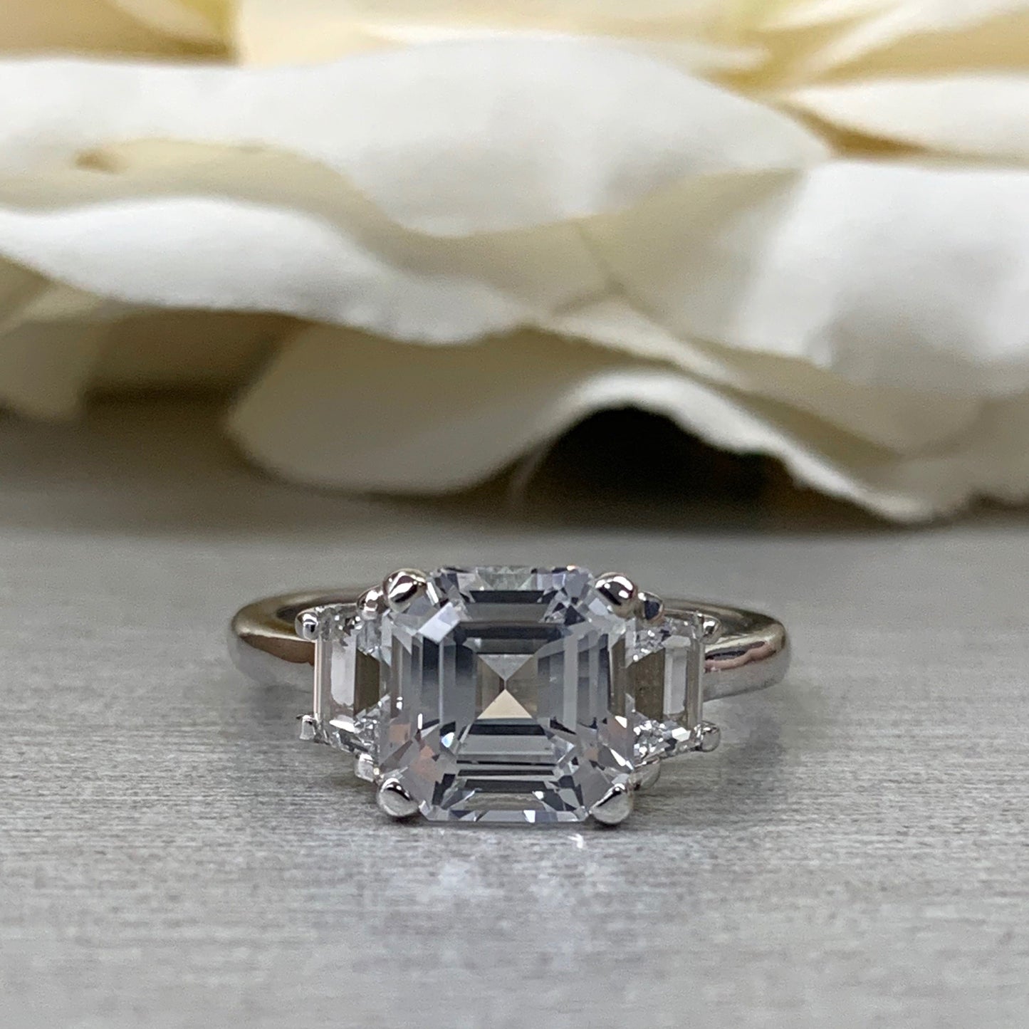 Moissanite Asscher Cut Engagement Ring, Asscher Ring With Trapezoid Accents Moissanite Ring, 14k White Gold Ladies Moissanite Ring  #6705
