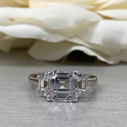 Moissanite Asscher Cut Engagement Ring, Asscher Ring With Trapezoid Accents Moissanite Ring, 14k White Gold Ladies Moissanite Ring  #6705