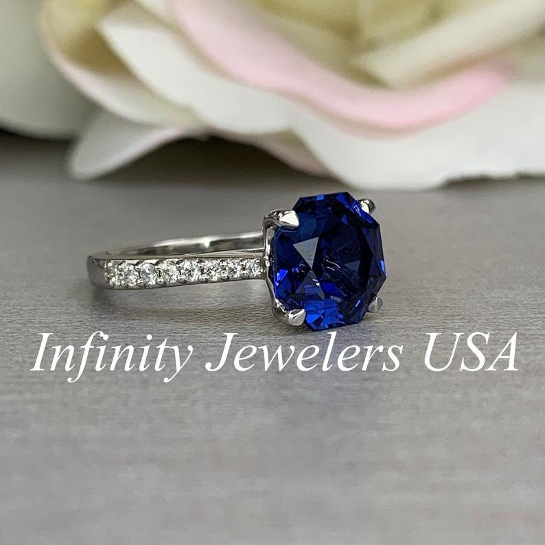 Blue Sapphire Engagement Ring in 14K White Gold, Hexegone Sapphire Ring September Birthstone, Sapphire Bridal, Unique Sapphire Ring