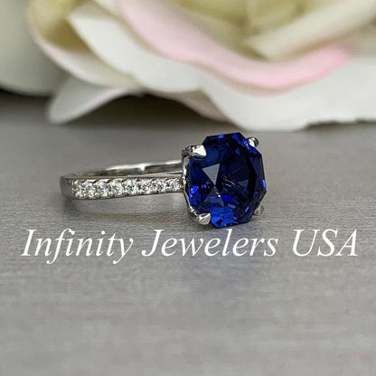 Blue Sapphire Engagement Ring in 14K White Gold, Hexegone Sapphire Ring September Birthstone, Sapphire Bridal, Unique Sapphire Ring