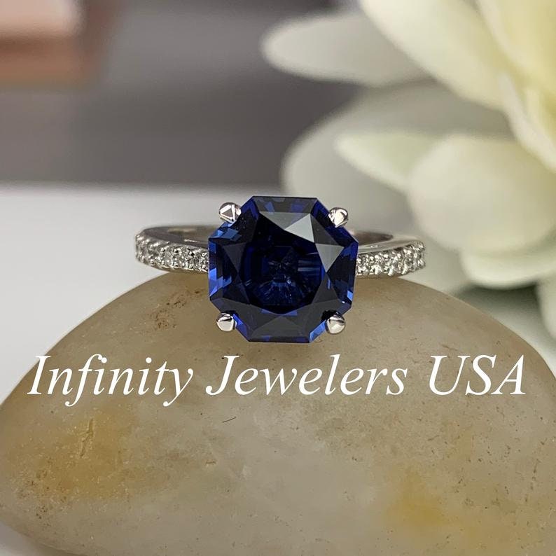 Blue Sapphire Engagement Ring in 14K White Gold, Hexegone Sapphire Ring September Birthstone, Sapphire Bridal, Unique Sapphire Ring