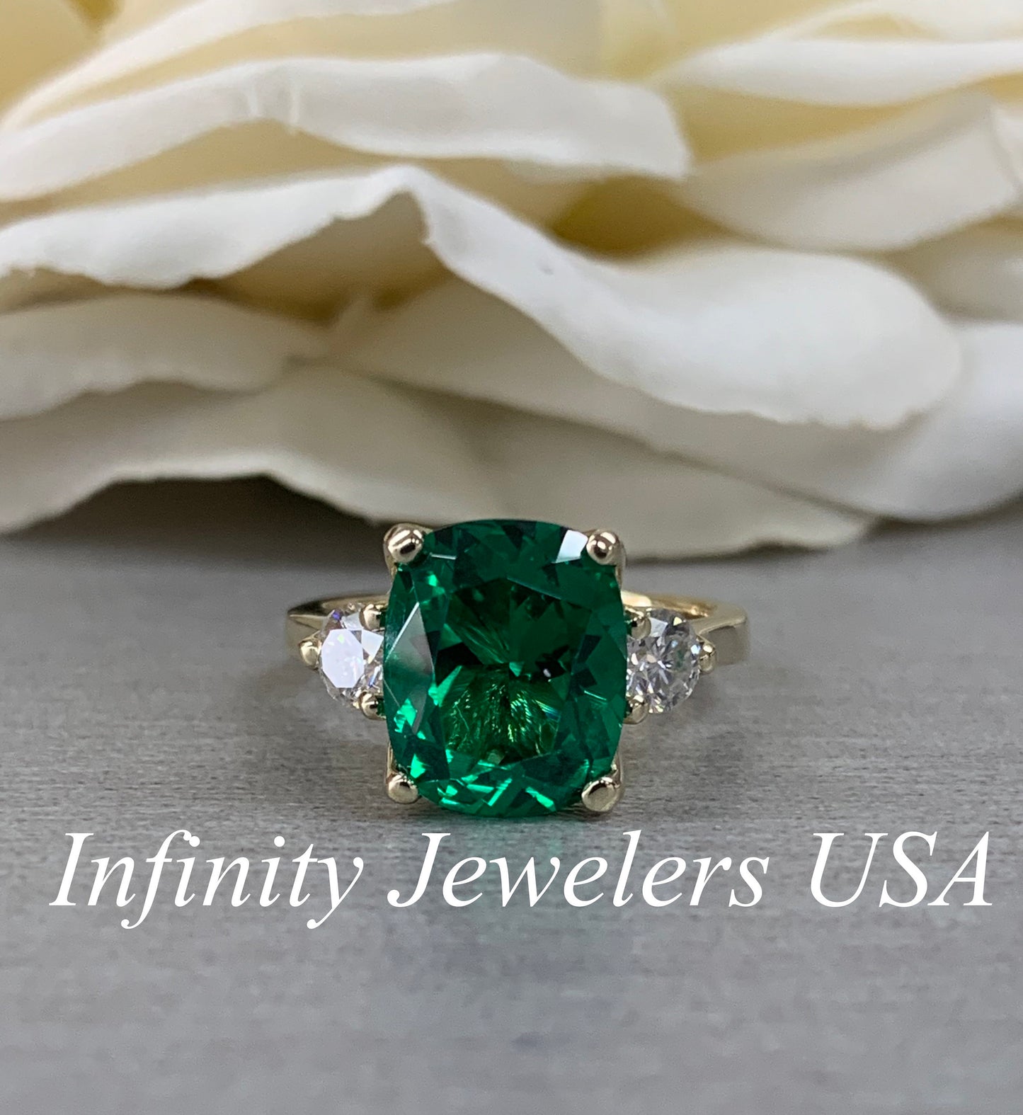 Emerald Engagement Ring, Elongated Cushion Emerald Ring With Moissanite Accents, May Birthstone Ring, Emerald Ring In 14K Yellow Gold #6720