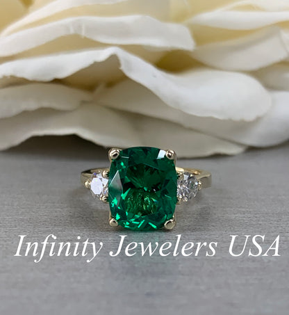 Emerald Engagement Ring, Elongated Cushion Emerald Ring With Moissanite Accents, May Birthstone Ring, Emerald Ring In 14K Yellow Gold #6720