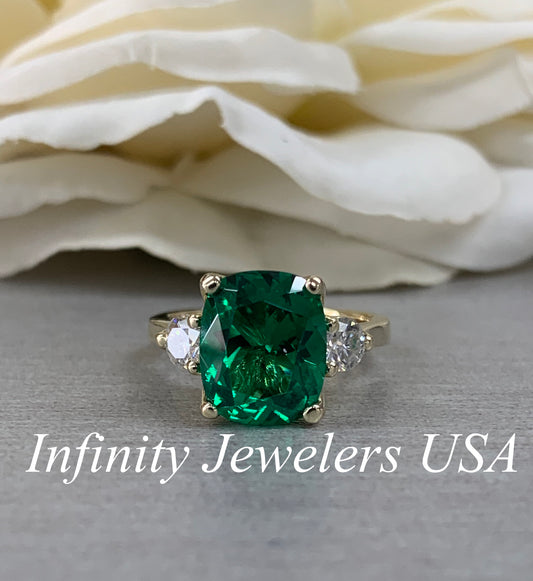 Emerald Engagement Ring, Elongated Cushion Emerald Ring With Moissanite Accents, May Birthstone Ring, Emerald Ring In 14K Yellow Gold #6720