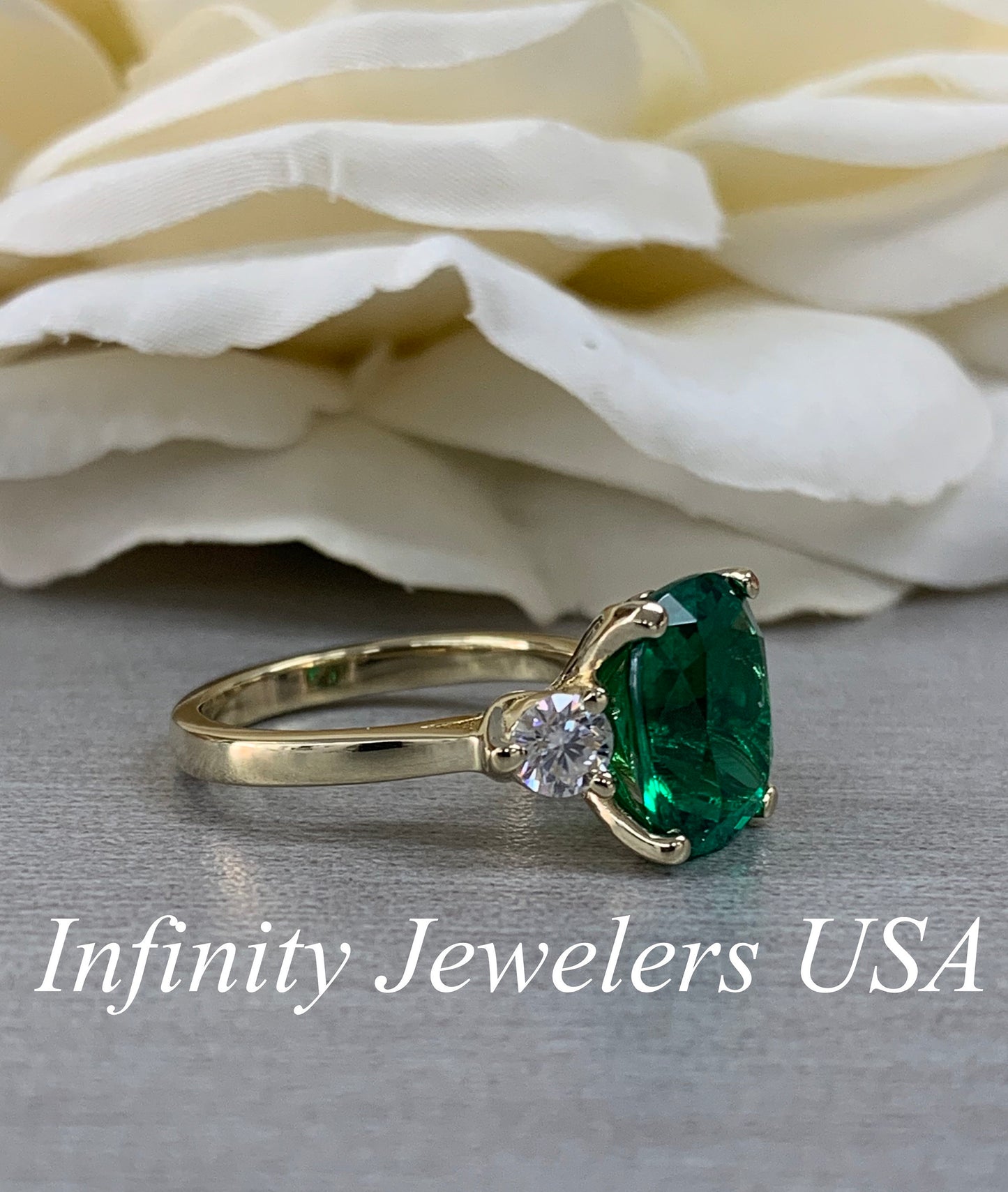 Emerald Engagement Ring, Elongated Cushion Emerald Ring With Moissanite Accents, May Birthstone Ring, Emerald Ring In 14K Yellow Gold #6720