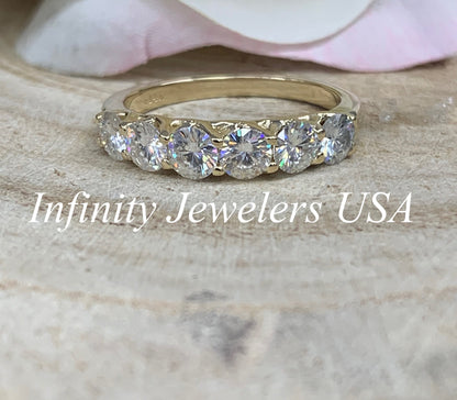 Moissanite wedding ring, six stone round cut band, anniversary ring, 14k yellow gold engagement ring #5552