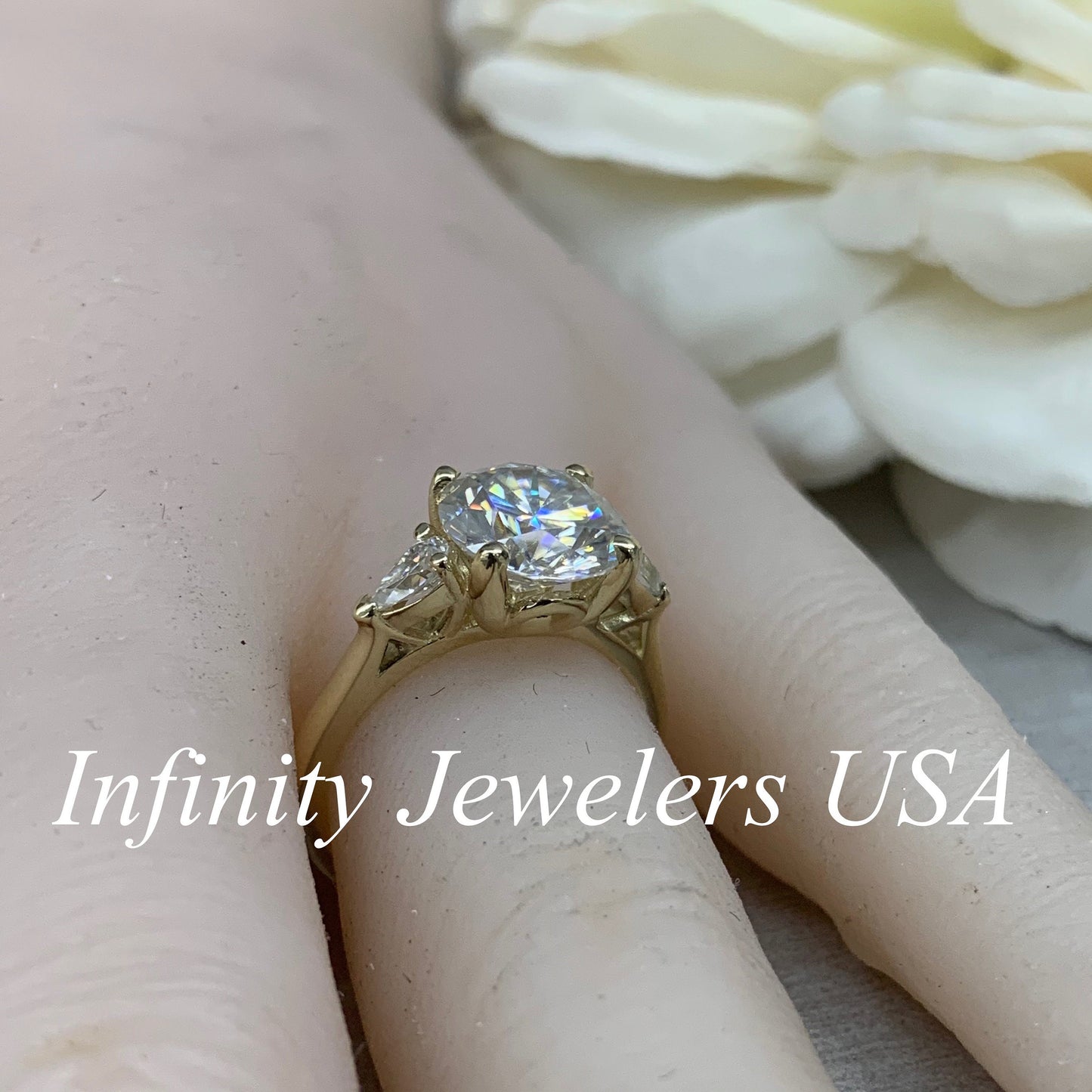 Round Cut Moissanite Engagement Ring, April Birthstone Ring, Three Stone Engagement Ring, Ladies Wedding Ring, Infinity Jewelers USA #6671