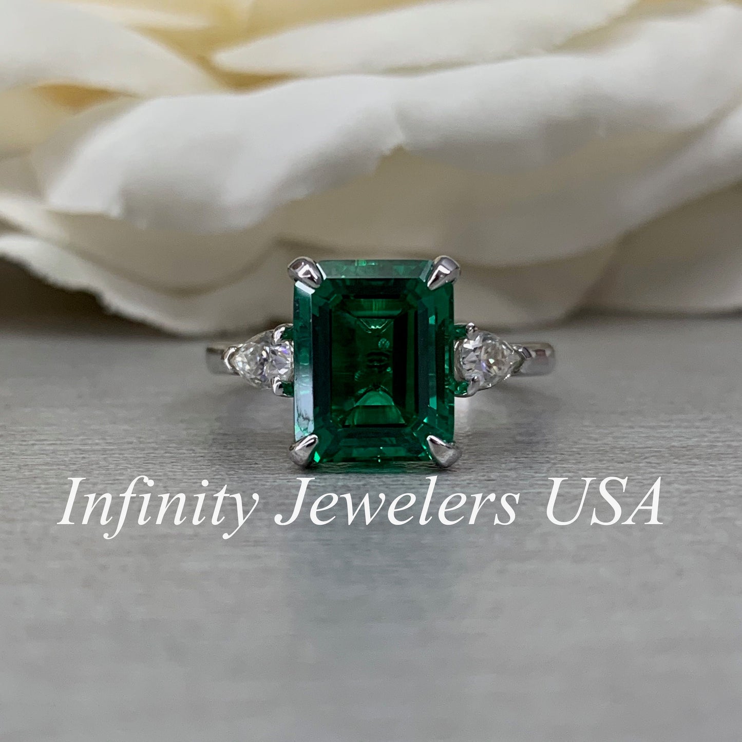 May Birthstone Ring, Emerald Cut Emerald Engagement Ring, Moissanite Ring, Three Stone Ring, Large Cocktail Ring, 14k White Gold Ring, 6722