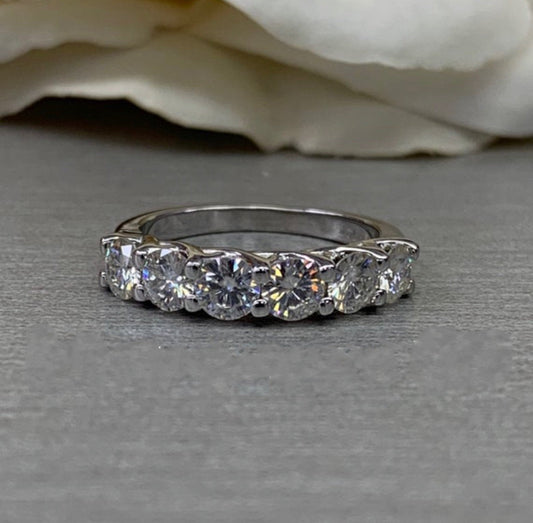Moissanite wedding band / round  stone  anniversary band /  criss cross setting in 14k gold 6555