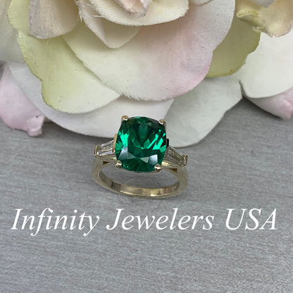 Emerald green cushion cut engagement ring, yellow gold unique elongate green emerald ring, three stone ring emerald and baguette ring  #6727