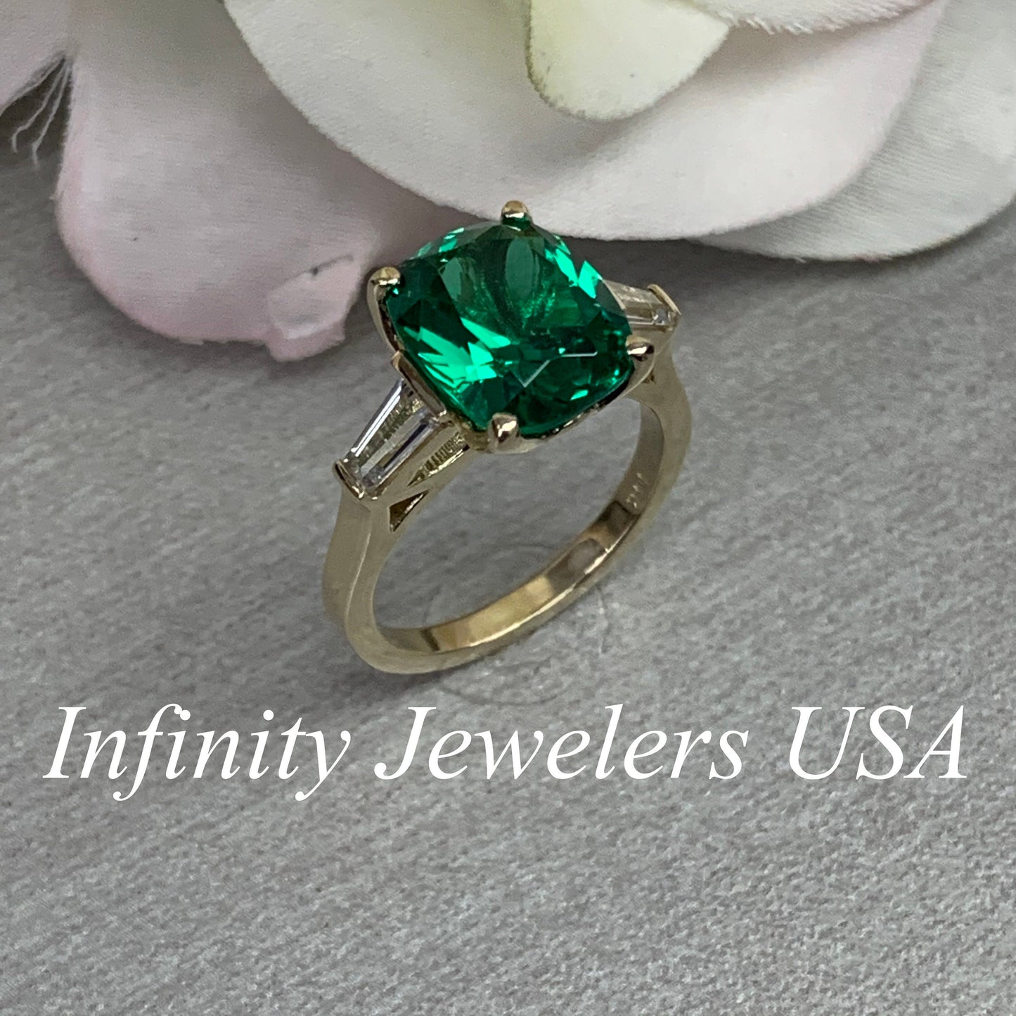 Emerald green cushion cut engagement ring, yellow gold unique elongate green emerald ring, three stone ring emerald and baguette ring  #6727