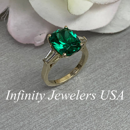 Emerald green cushion cut engagement ring, yellow gold unique elongate green emerald ring, three stone ring emerald and baguette ring  #6727