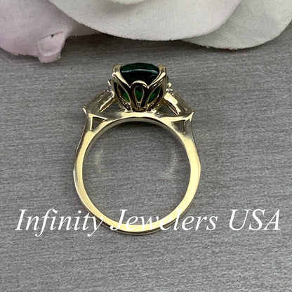 Emerald green cushion cut engagement ring, yellow gold unique elongate green emerald ring, three stone ring emerald and baguette ring  #6727
