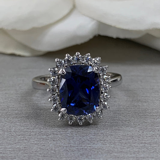Cushion Cut Blue Sapphire And Diamond Halo Engagement Ring, Ladies Elongated Cushion Cut Blue Sapphire And Moissanite Halo Wedding Ring 6522