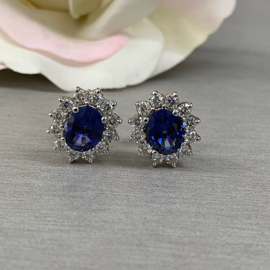 Halo Stud Earrings, Blue Sapphire Stud Earrings, Forever One Halo Studs, Everyday Earrings, 14k Gold Earrings, Gift Ideas For Her #6544