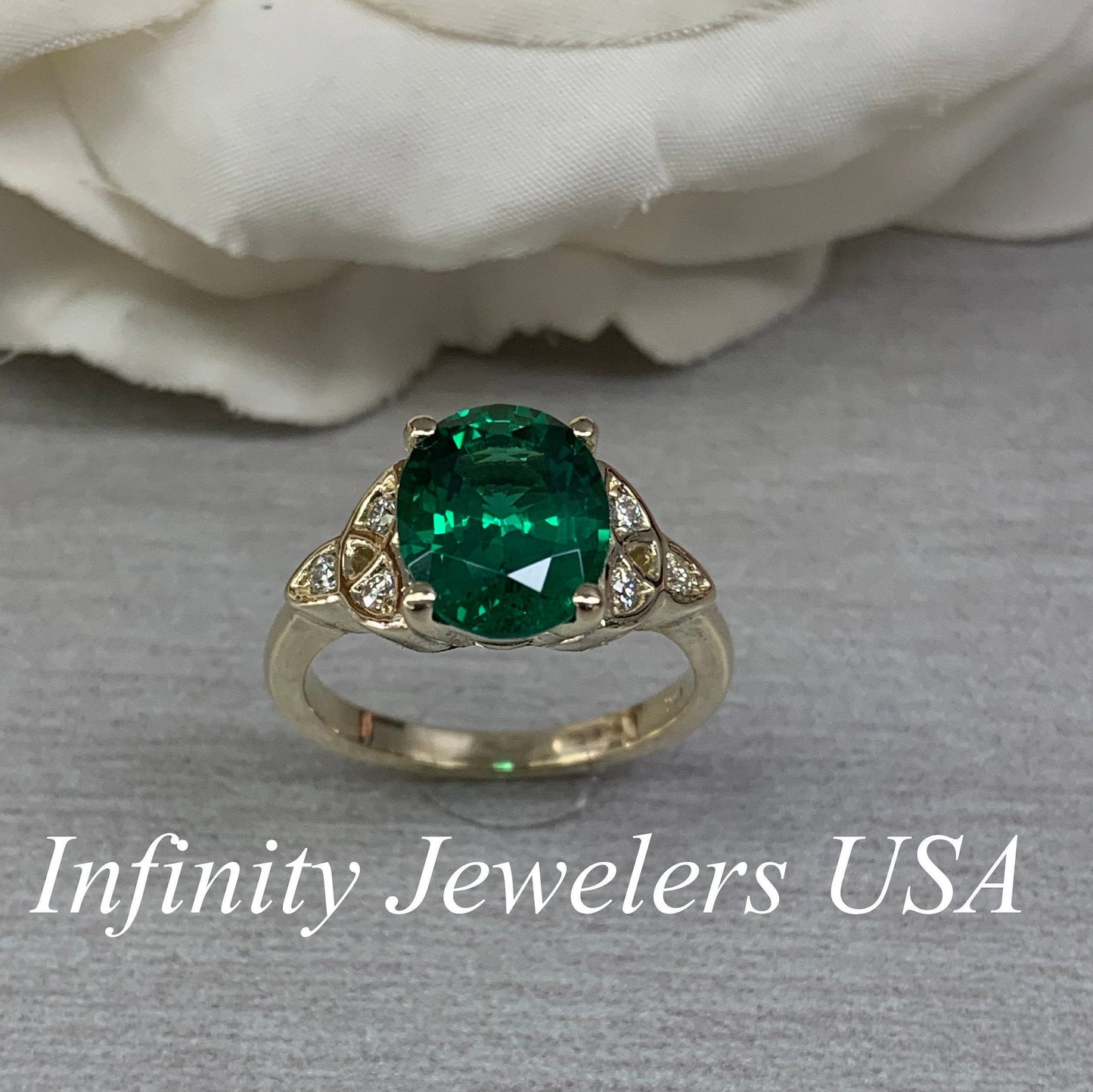Emerald And Moissanite Ring 14K Yellow Gold, Celtic Wedding Rings, May Birthstone Ring, 14k Emerald Ring, Art Deco Engagement Ring,  #6716