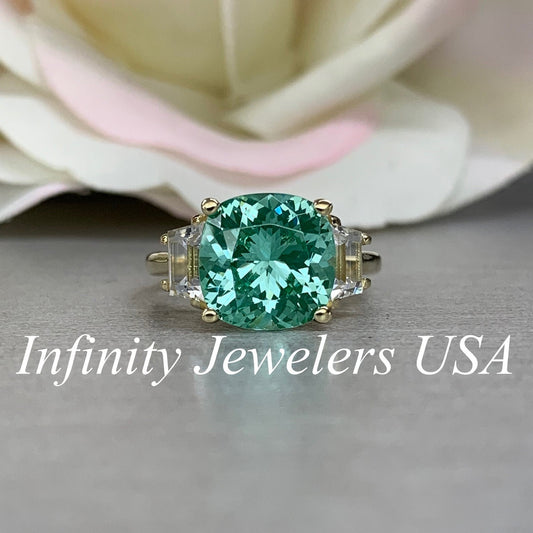 Paraiba Tourmaline Ring, Moissanite Trapezoid Engagement Ring, 14K Gold, Paraiba Tourmaline, Unique Engagement Ring, Three Stone Ring, #6256