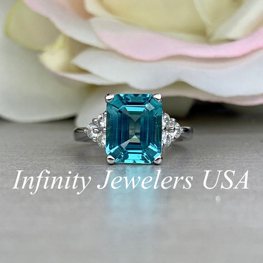 Paraiba Tourmaline Ring, Emerald Cut Engagement Ring 14K Gold, Three Stone Ring, Paraiba Ring For Ladies, Art Deco Paraiba Ring,   #6311
