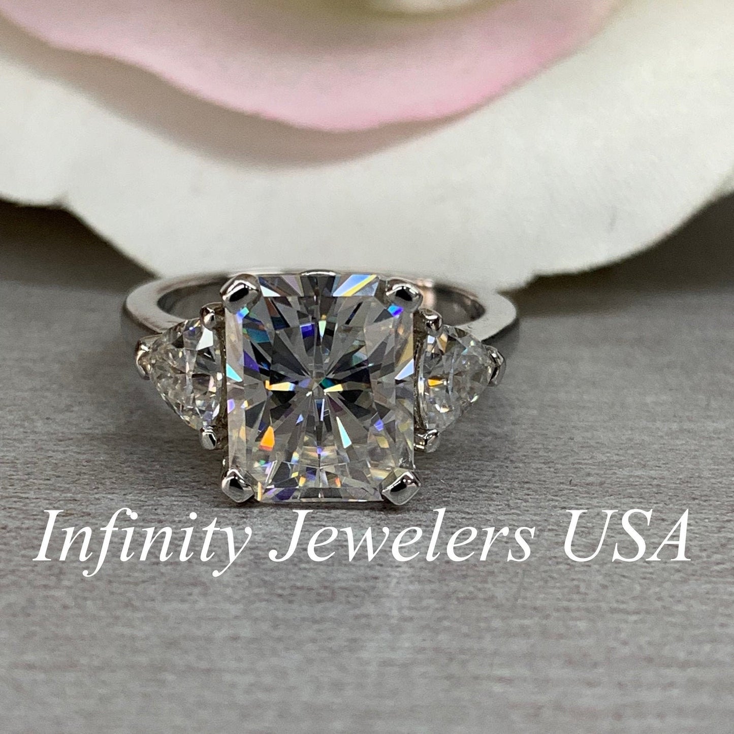 Radiant Cut Moissanite Engagement Ring 14K White or Yellow Gold Three Stone Ring