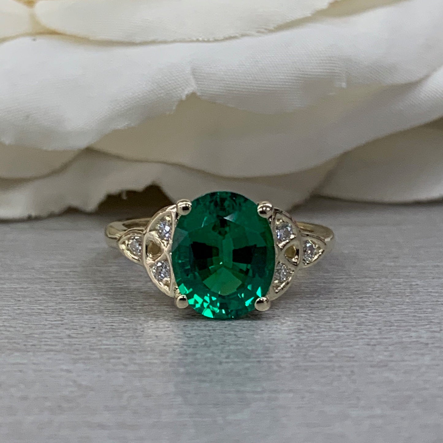 Emerald And Moissanite Ring 14K Yellow Gold, Celtic Wedding Rings, May Birthstone Ring, 14k Emerald Ring, Art Deco Engagement Ring,  #6716