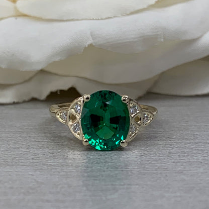 Emerald And Moissanite Ring 14K Yellow Gold, Celtic Wedding Rings, May Birthstone Ring, 14k Emerald Ring, Art Deco Engagement Ring,  #6716