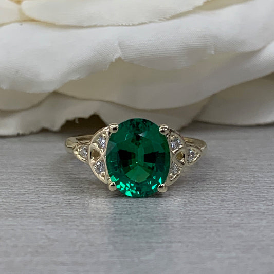 Emerald And Moissanite Ring 14K Yellow Gold, Celtic Wedding Rings, May Birthstone Ring, 14k Emerald Ring, Art Deco Engagement Ring,  #6716