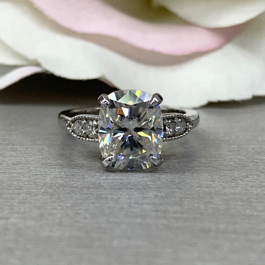 Moissanite Engagement Ring, Elongated Cushion Moissanite And Diamond Ring, Anniversary Gift, Birthday Gift,  14K White Gold #6696