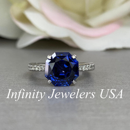 Blue Sapphire Engagement Ring in 14K White Gold, Hexegone Sapphire Ring September Birthstone, Sapphire Bridal, Unique Sapphire Ring