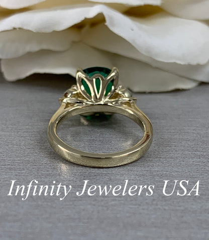 Emerald Engagement Ring, Elongated Cushion Emerald Ring With Moissanite Accents, May Birthstone Ring, Emerald Ring In 14K Yellow Gold #6720
