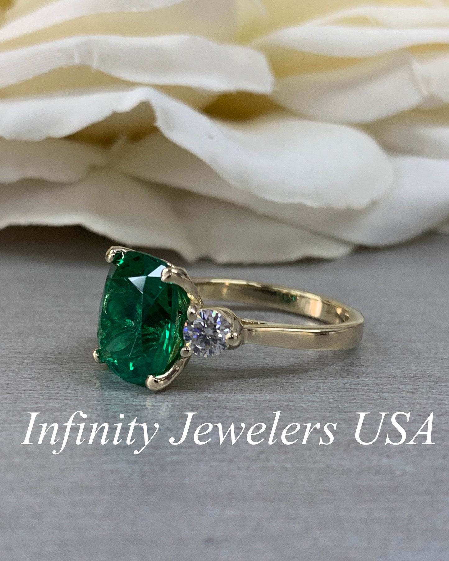Emerald Engagement Ring, Elongated Cushion Emerald Ring With Moissanite Accents, May Birthstone Ring, Emerald Ring In 14K Yellow Gold #6720