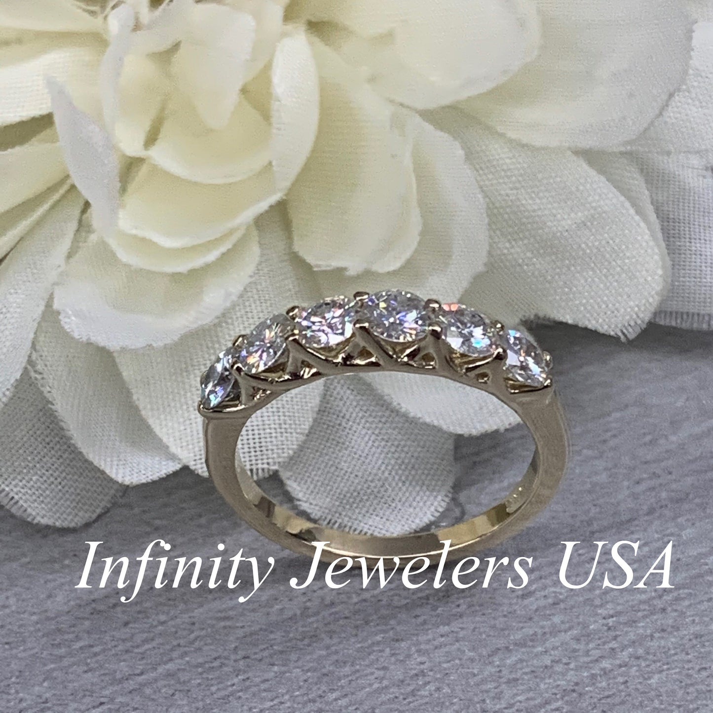 Moissanite wedding ring, six stone round cut band, anniversary ring, 14k yellow gold engagement ring #5552