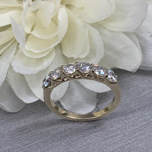 Moissanite wedding ring, six stone round cut band, anniversary ring, 14k yellow gold engagement ring #5552
