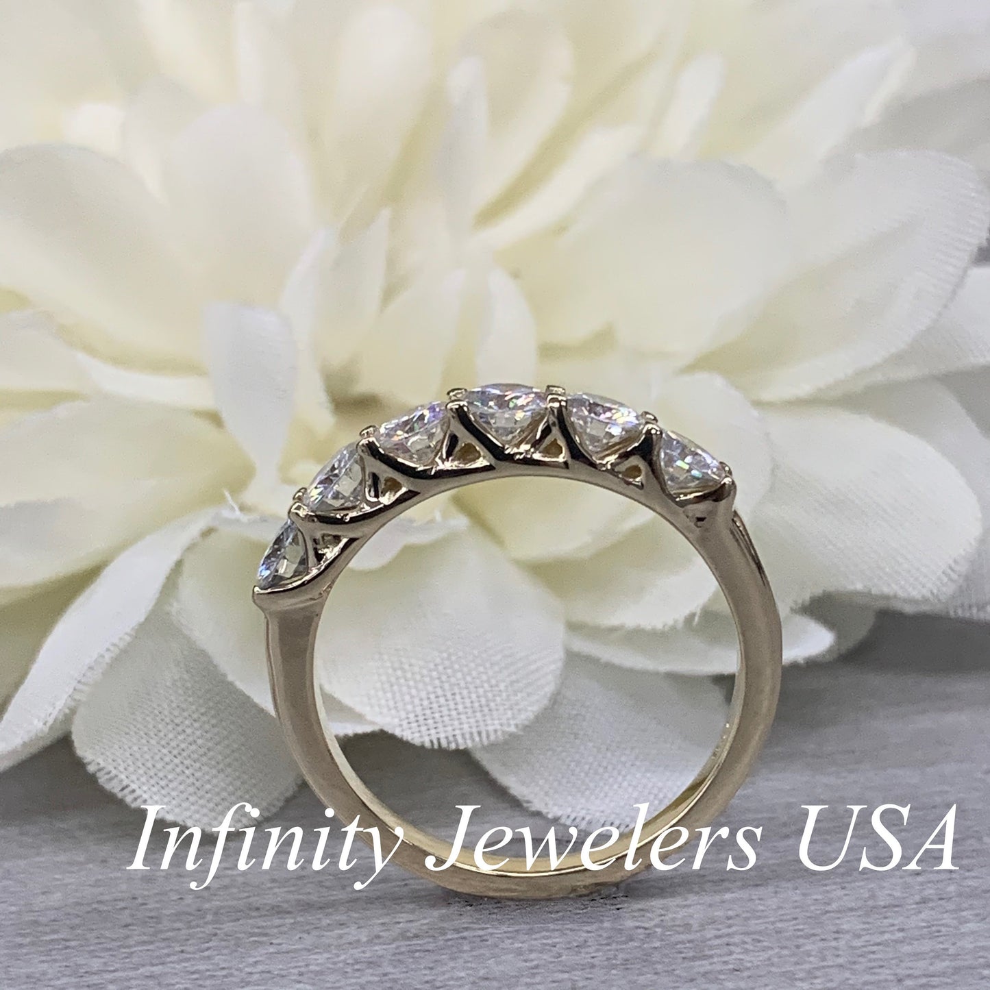 Moissanite wedding ring, six stone round cut band, anniversary ring, 14k yellow gold engagement ring #5552