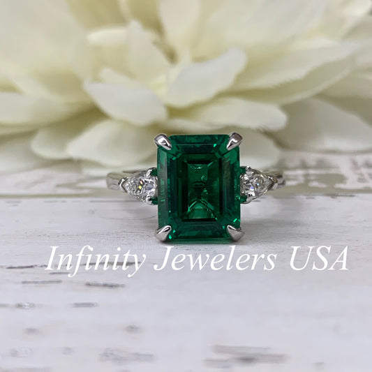 May Birthstone Ring, Emerald Cut Emerald Engagement Ring, Moissanite Ring, Three Stone Ring, Large Cocktail Ring, 14k White Gold Ring, 6722