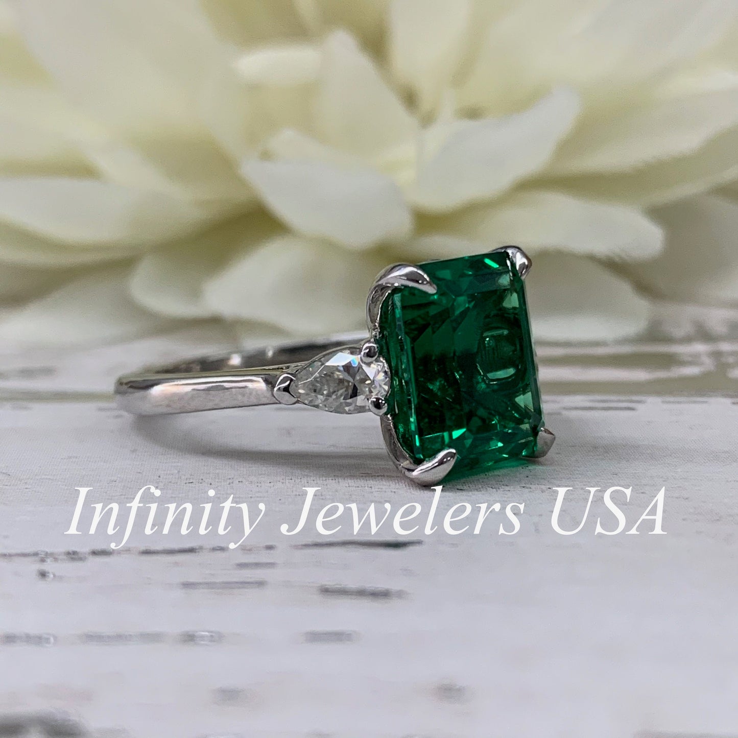 May Birthstone Ring, Emerald Cut Emerald Engagement Ring, Moissanite Ring, Three Stone Ring, Large Cocktail Ring, 14k White Gold Ring, 6722