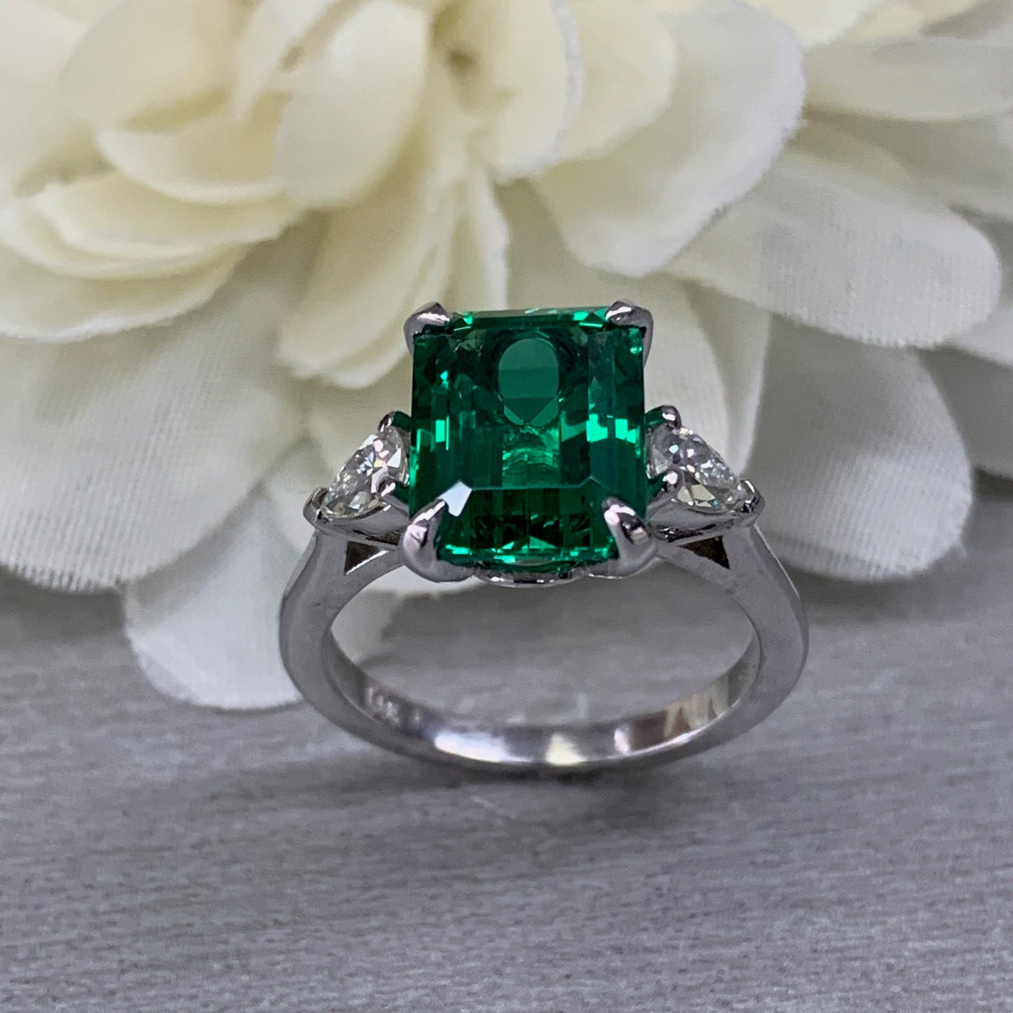 May Birthstone Ring, Emerald Cut Emerald Engagement Ring, Moissanite Ring, Three Stone Ring, Large Cocktail Ring, 14k White Gold Ring, 6722