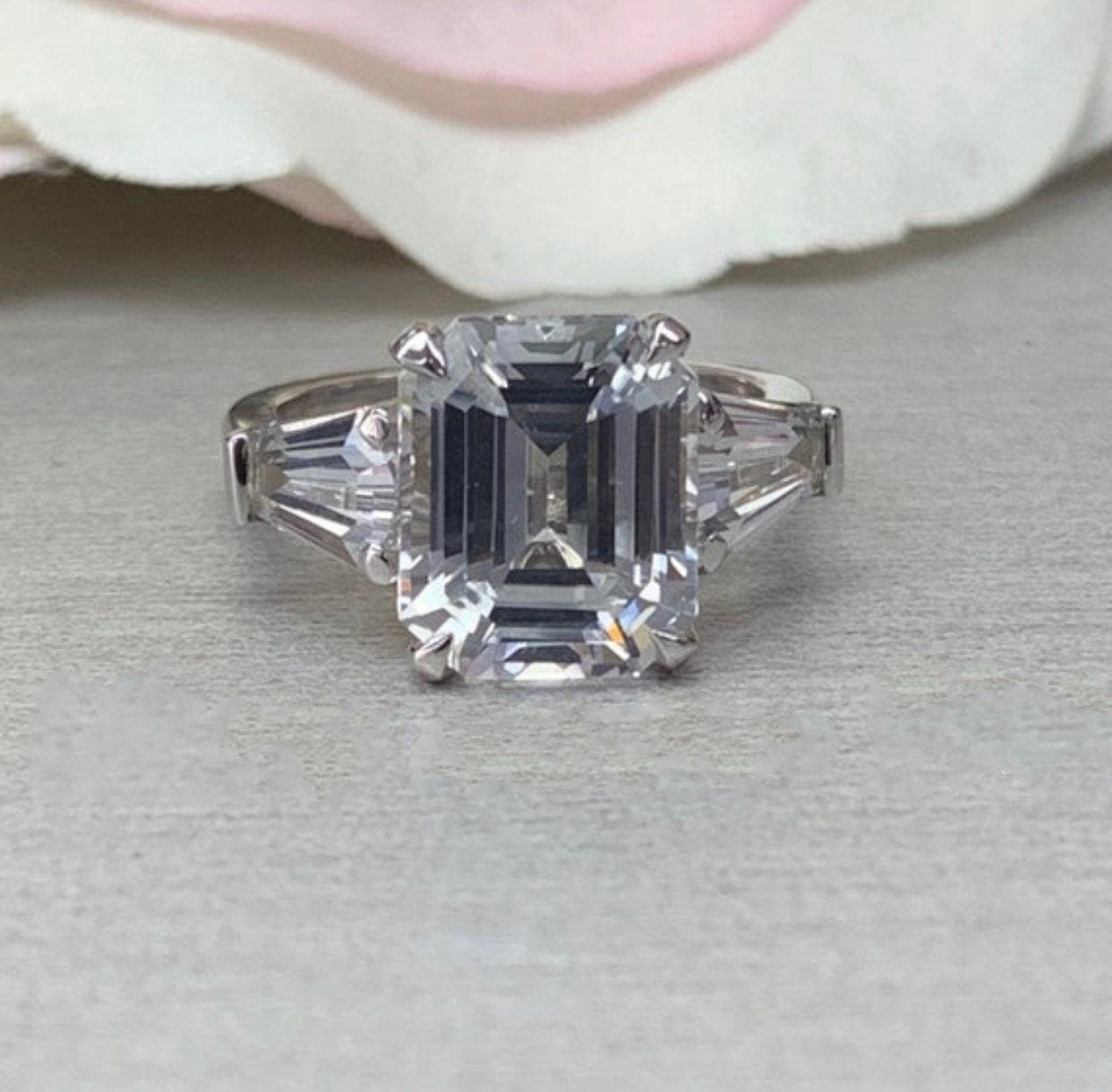 Certified Moissanite Engagement Ring, Emerald Cut Moissanite Wedding Ring, Elongated Trapezoid, 14K White Gold