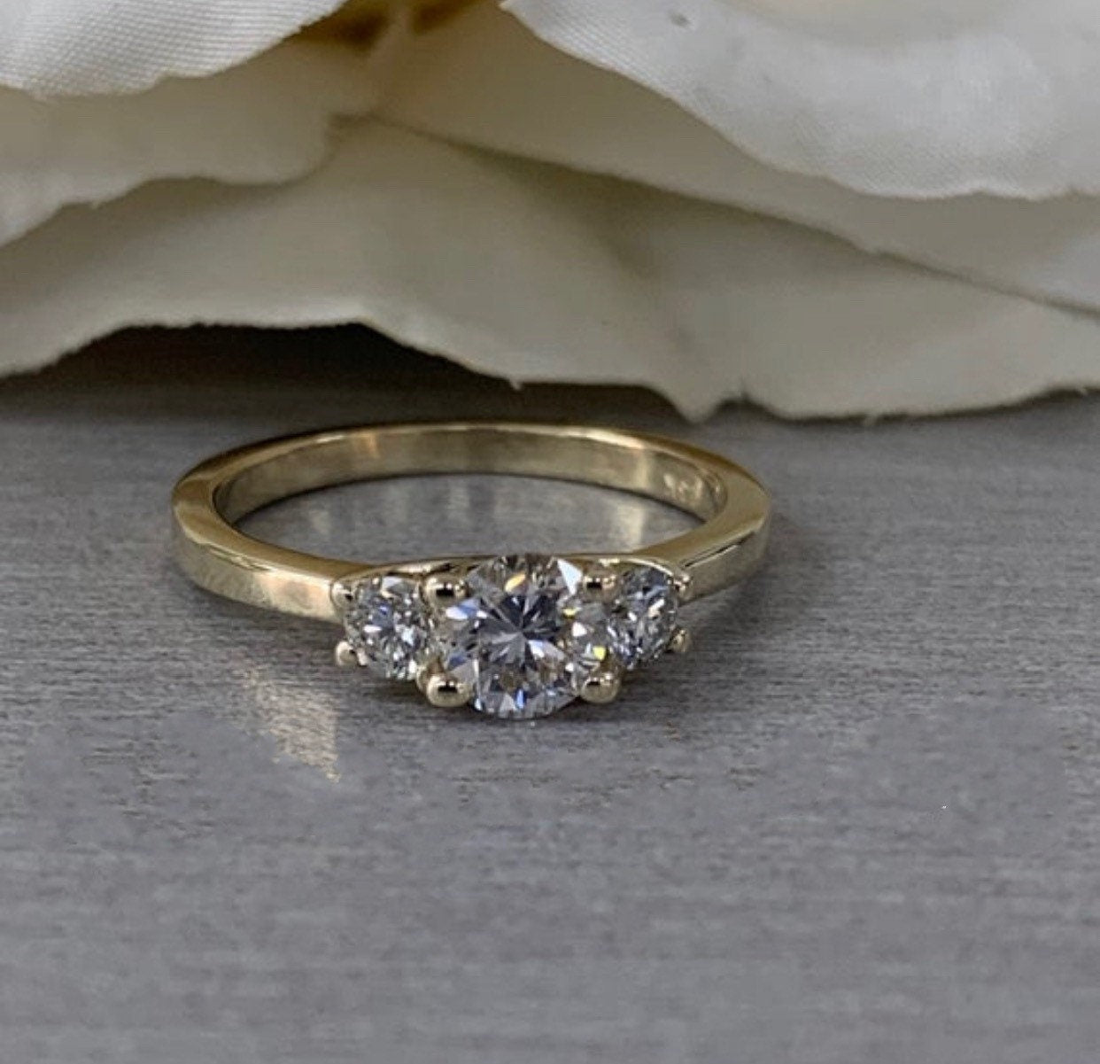Diamond Three Stone Engagement Ring, Diamond Ladies Wedding Ring, 14K Yellow Gold