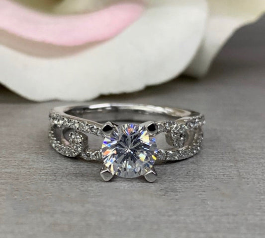 Certified Moissanite Forever One Round Engagement Ring With Diamond Split Shank Band 1.50ctw. 14K White Gold
