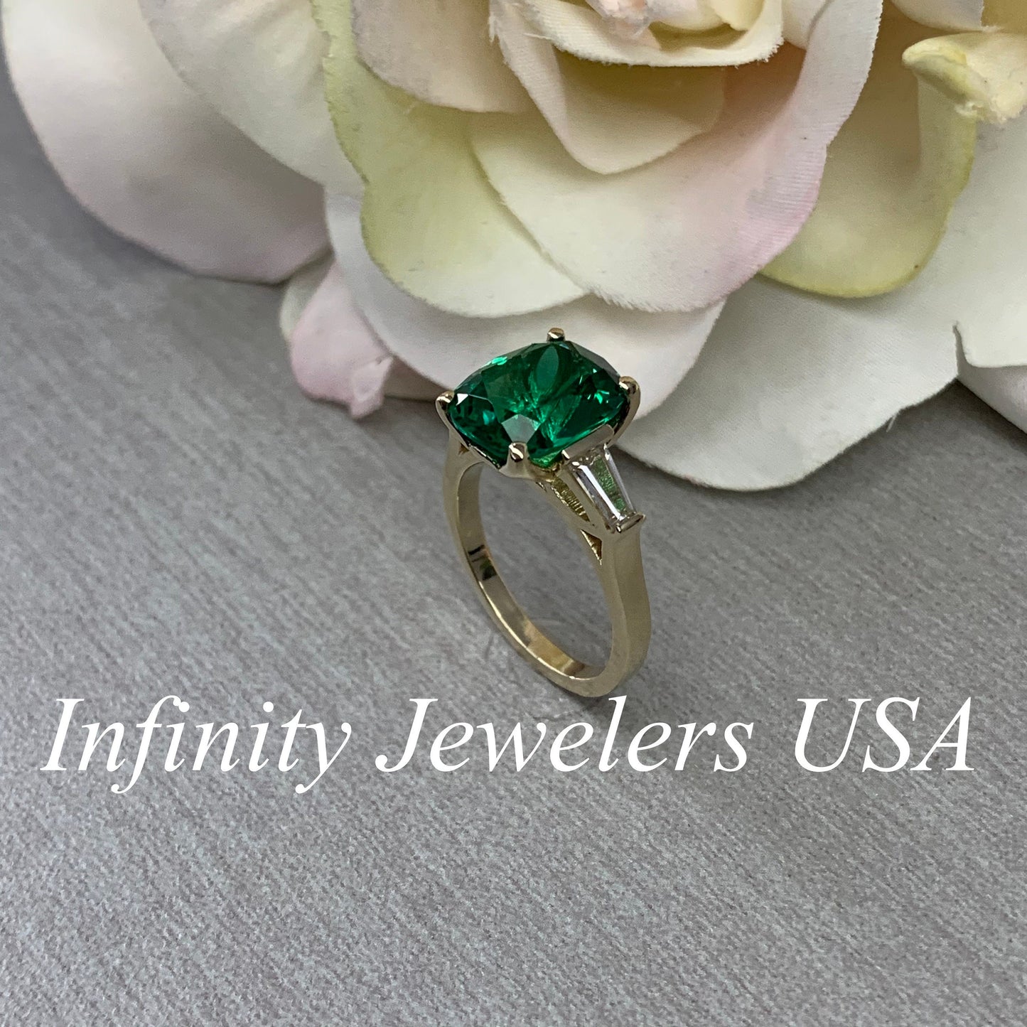 Emerald green cushion cut engagement ring, yellow gold unique elongate green emerald ring, three stone ring emerald and baguette ring  #6727