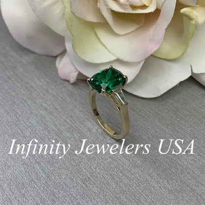 Emerald green cushion cut engagement ring, yellow gold unique elongate green emerald ring, three stone ring emerald and baguette ring  #6727