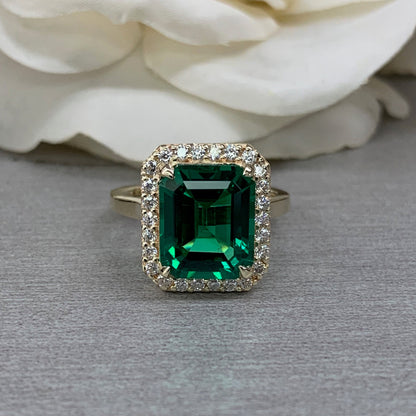 Emerald Engagement Ring, Emerald Green Engagement Ring,  Moissanite Halo Engagement Ring, Anniversary Ring, 14k Yellow Gold 6534