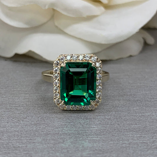 Emerald Engagement Ring, Emerald Green Engagement Ring,  Moissanite Halo Engagement Ring, Anniversary Ring, 14k Yellow Gold 6534