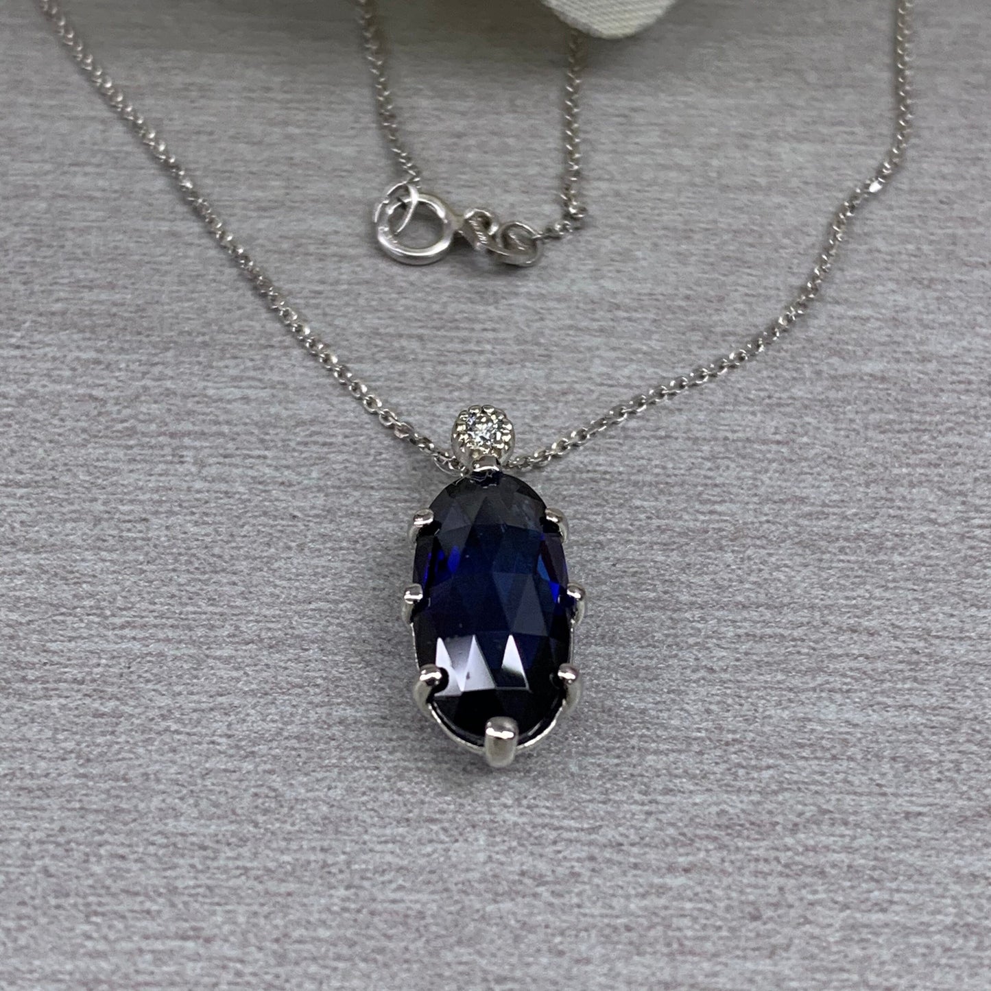 Elongated Oval Shaped Blue Sapphire Pendant Necklace 14K Solid Gold For Ladies, Rose Cut Blue Sapphire Pendant with Chain Mothers Day, #6754